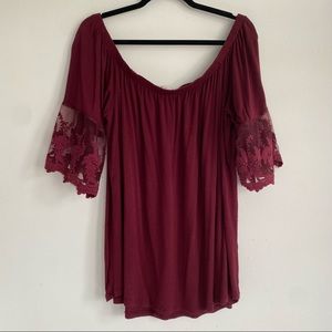 PLUS Burgundy Off-shoulder Lace Top 3X